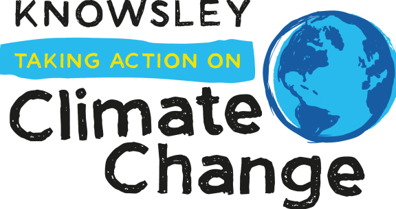 Knowsley Taking Action on Climate change logo text with blue planet earth graphic