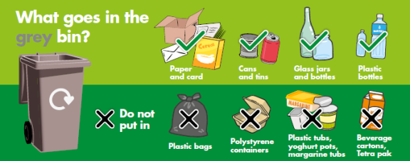 Graphic to show what materials can be placed in grey recycling bin - paper, card, cans and tins, glass jars and bottles and plastic bottles.