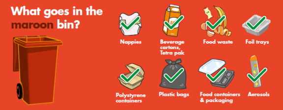 Graphic to show what materials can be placed in maroon waste bin - including nappies, food waste, plastic bags and polystyrene containers