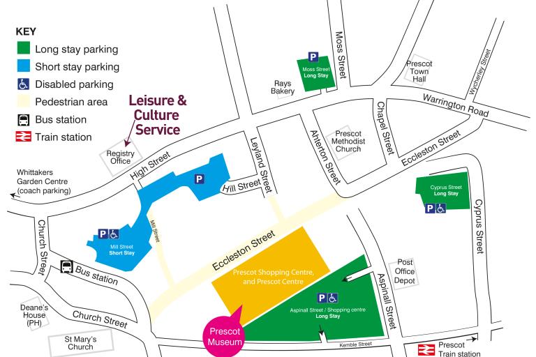 A map detailing the location of Prescot museum and parking information.