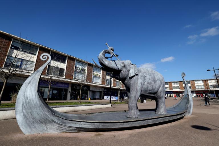 Kirkby town centre, statue of an elephant. 