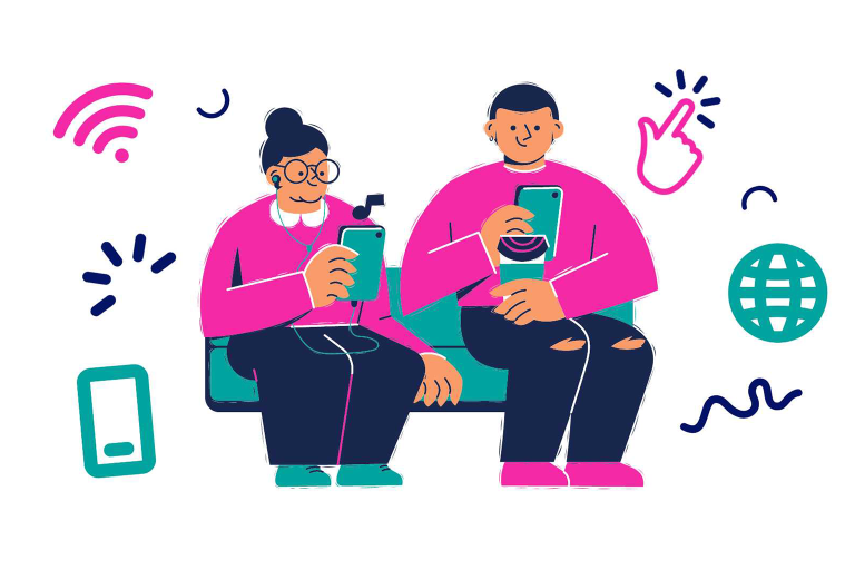 An illustration of two people sitting on a couch surrounded by icons depicting the internet.