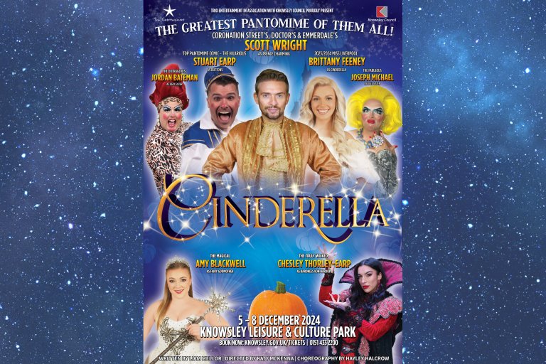 Promotional flyer for Cinderella pantomime, featuring photographs of the cast.