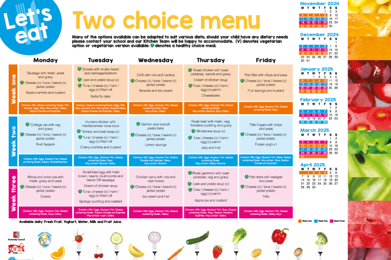 Weekday menu showing school meal food choices