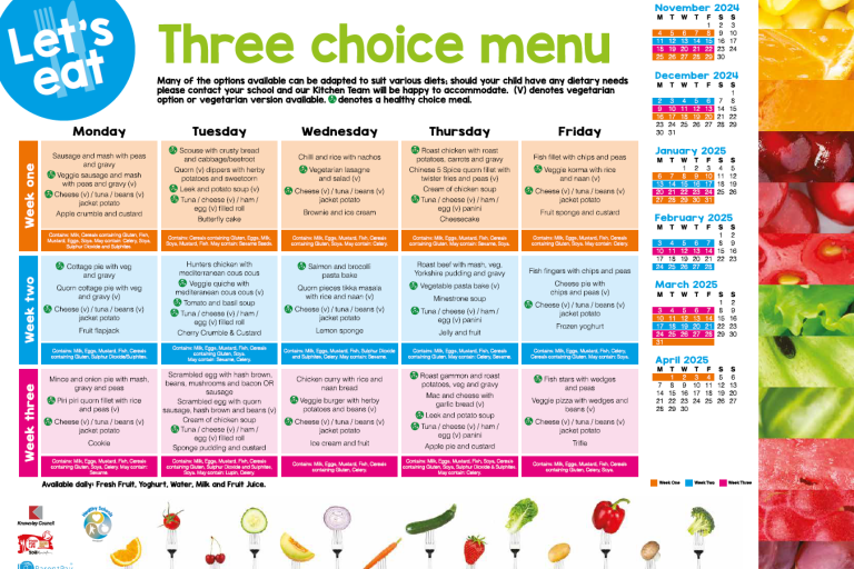 Weekday menu showing school meal food choices