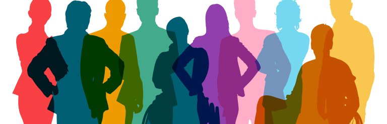 Inclusive business group as silhouettes in rainbow colours