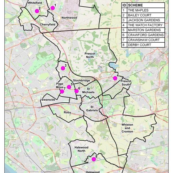 Map of the Knowsley borough showing the locations of the Extra Care housing schemes available. 